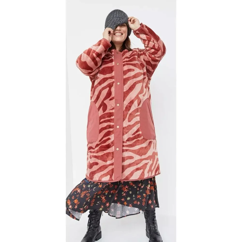 Anthropologie Margot Sherpa Reversible Zebra Print Red Coat Size Small